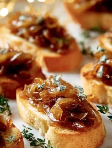 Delicious caramelized onion crostini topped with creamy cheese and herbs