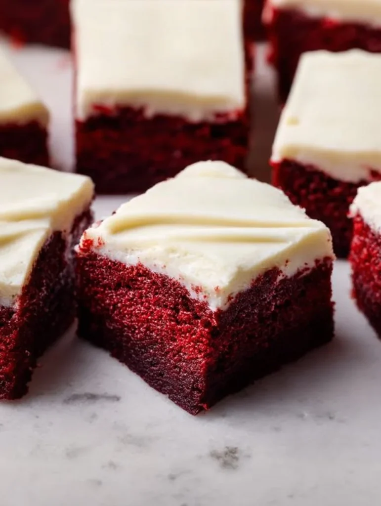 Chewy red velvet brownies with cream cheese frosting on a white plate
