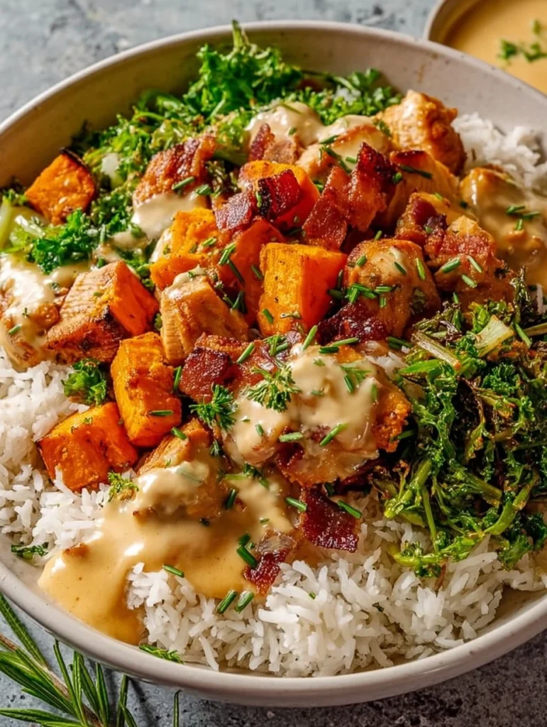 Delicious chicken and sweet potato bowls featuring vibrant vegetables.