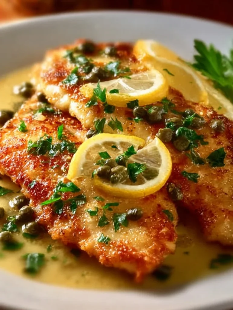 Delicious Chicken Piccata garnished with capers and lemon slices.