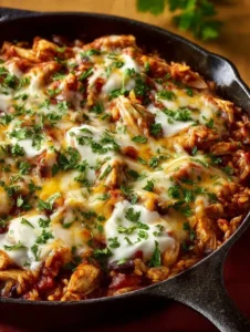 Delicious Chicken Rice Enchilada Skillet topped with fresh ingredients