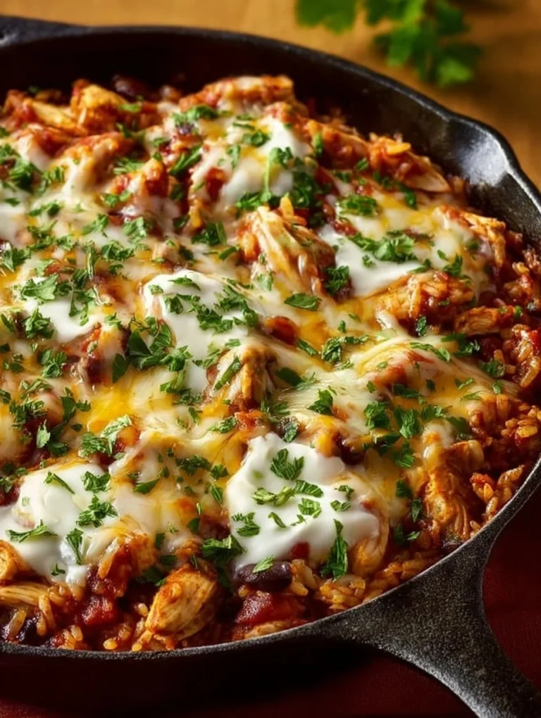 Delicious Chicken Rice Enchilada Skillet topped with fresh ingredients