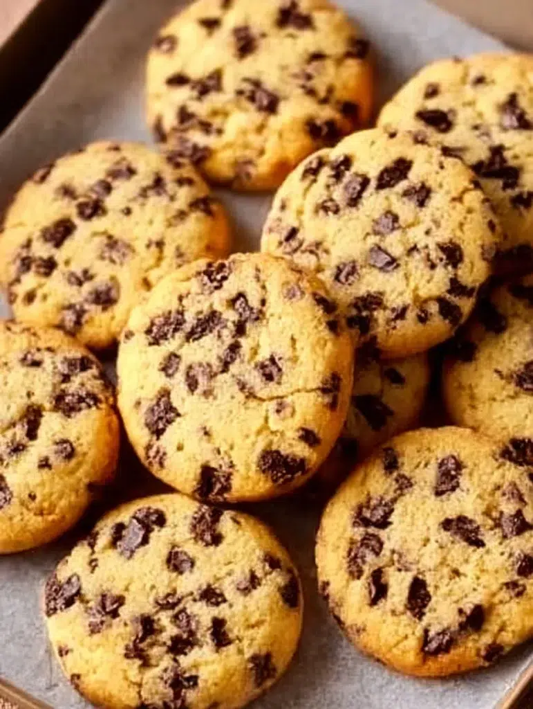 Delicious chocolate chip and toffee shortbread cookies on a rustic wooden platter.