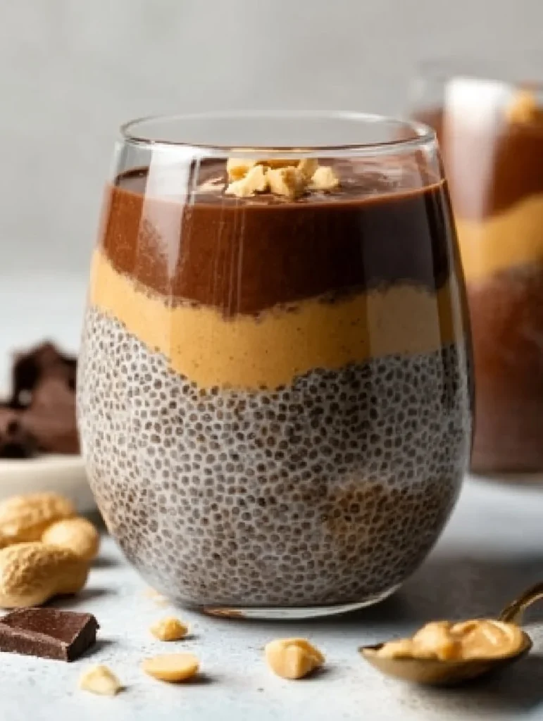 Delicious chocolate peanut butter pudding topped with chocolate shavings