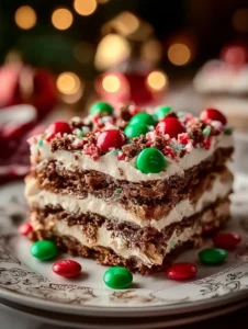 Delicious Christmas Cookie Lasagna with layers of cookies and cream