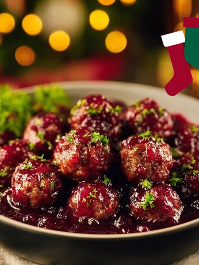 Delicious Christmas cranberry meatballs served on a festive platter.