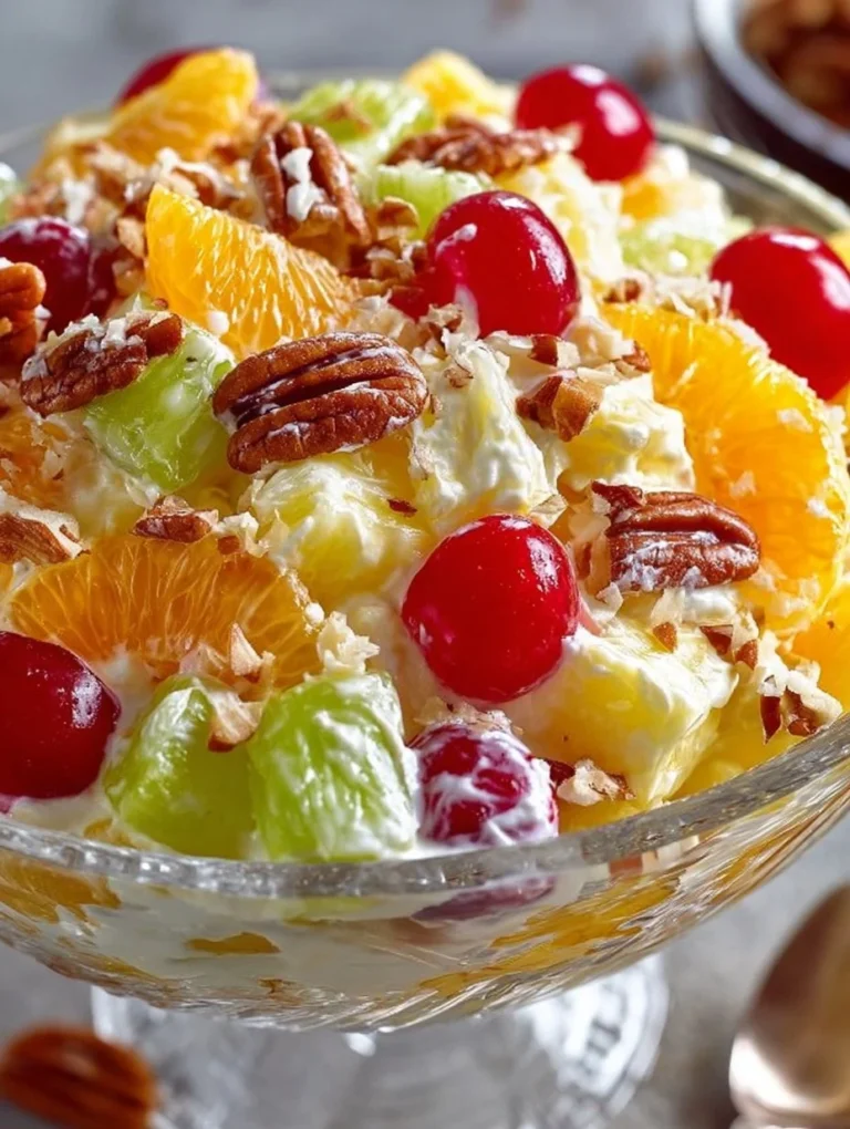 Bowl of classic Ambrosia Salad with fruits and fluff served on a table