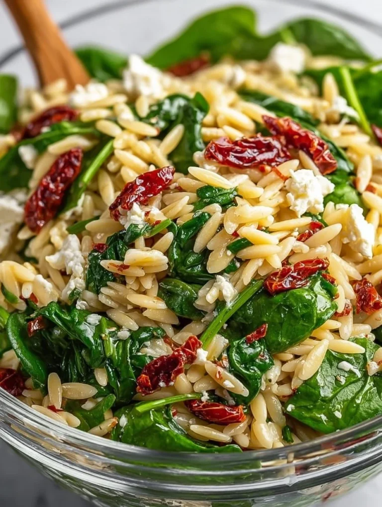 A bowl of classic balsamic orzo salad with fresh vegetables and herbs.