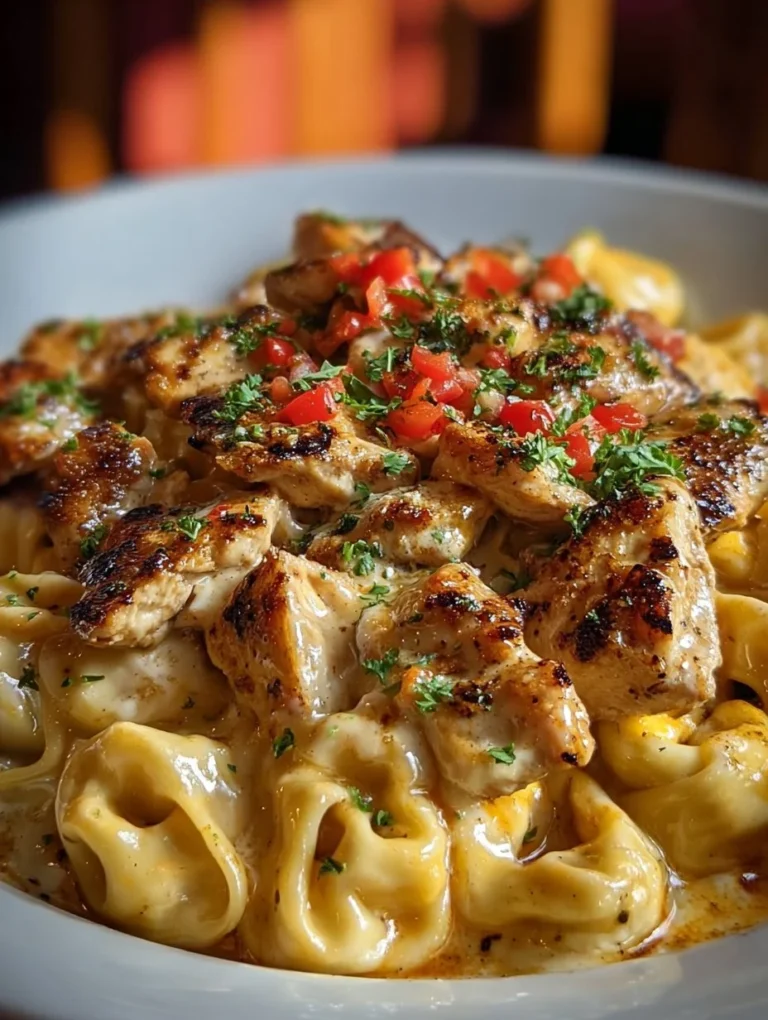Cowboy Butter Garlic Chicken Tortellini with fire-roasted red peppers dish.
