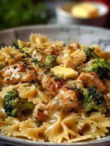 Cowboy Butter Lemon Bowtie Chicken dish with broccoli served on a plate