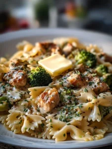 Delicious Cowboy Butter Lemon Bowtie Chicken with Broccoli served on a plate
