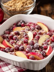 A delicious bowl of cranberry apple crisp with a golden oat topping.