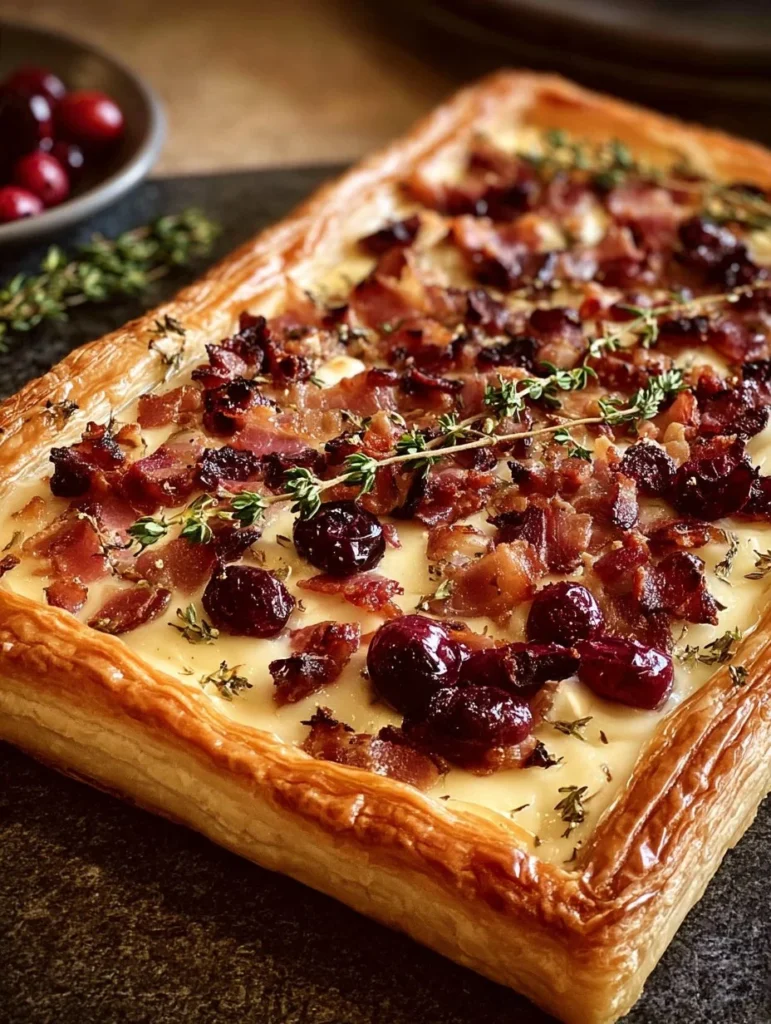 Savory Cranberry Brie Tart with Pancetta and Thyme garnished with fresh herbs