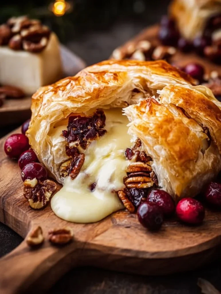 Cranberry Pecan Brie wrapped in golden puff pastry, garnished with pecans.
