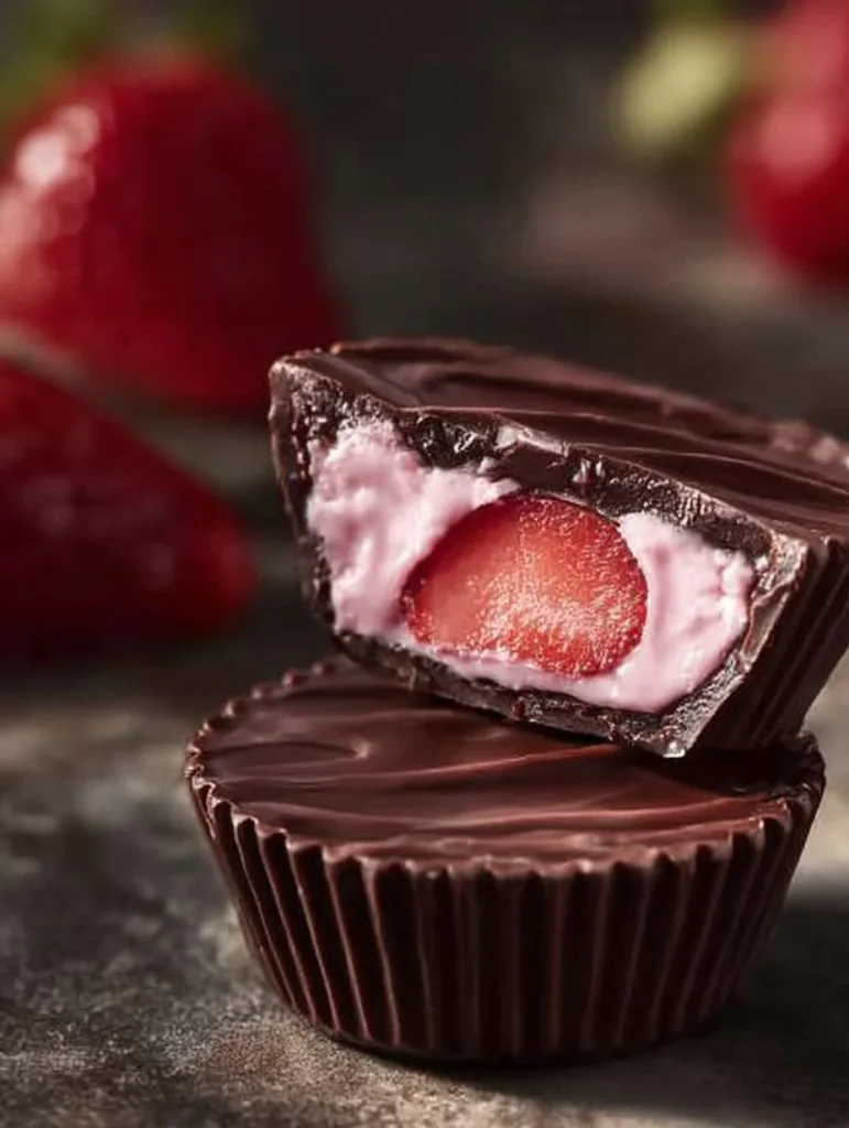 Creamy strawberry chocolates showcasing rich chocolate with fresh strawberry flavor.