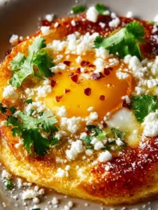 Delicious crispy feta fried eggs served on a plate with herbs