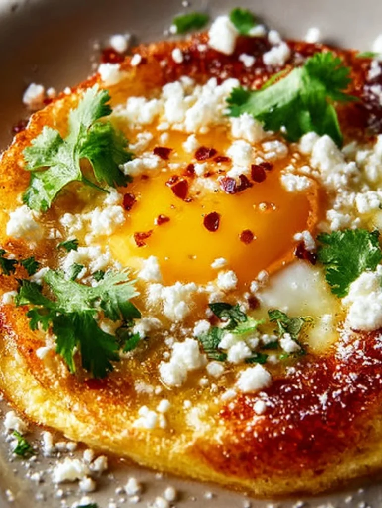 Delicious crispy feta fried eggs served on a plate with herbs