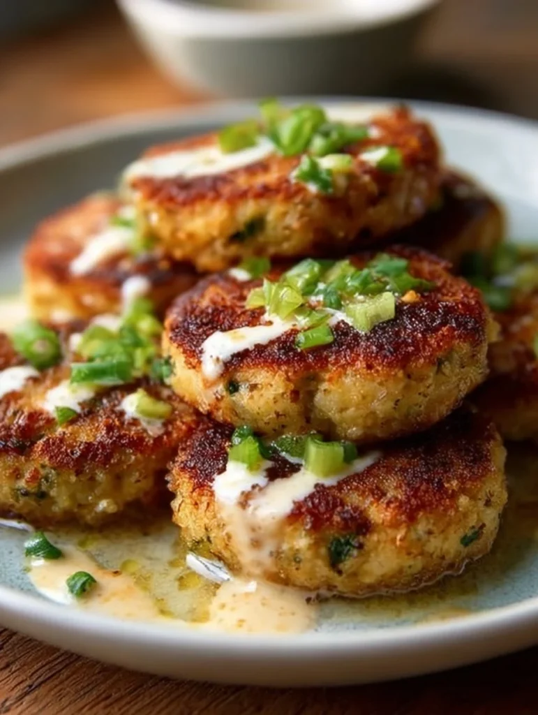 Golden brown crispy mashed potato patties served on a white plate