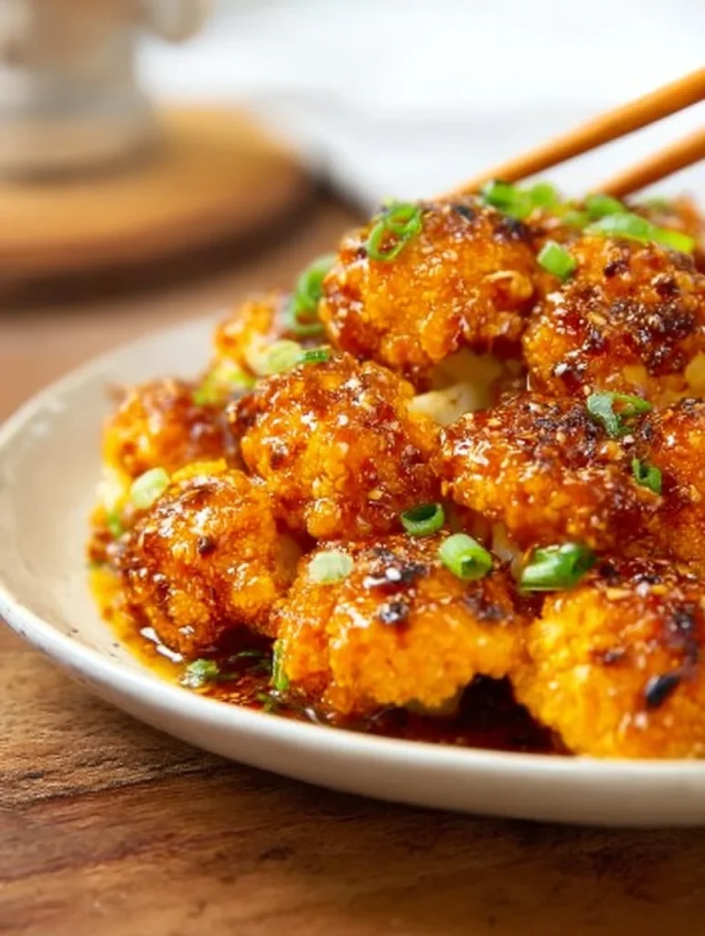 Bowl of crispy orange cauliflower garnished with herbs