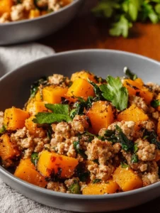 Easy roasted butternut squash with ground turkey served on a plate