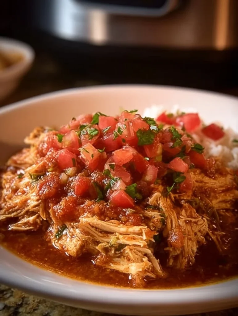 Delicious easy slow cooker salsa chicken served with rice and vegetables