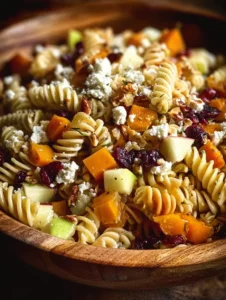 Colorful fall pasta salad with seasonal vegetables and dressing