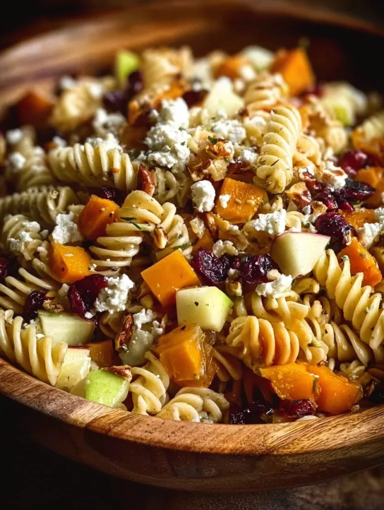 Colorful fall pasta salad with seasonal vegetables and dressing