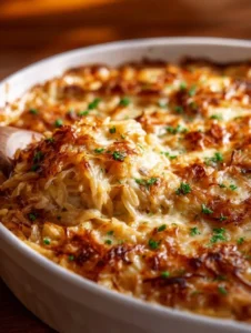 French Onion Chicken Orzo Casserole topped with melted cheese and herbs