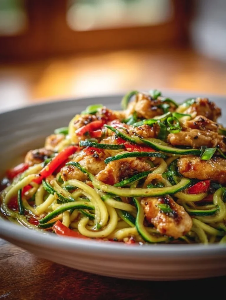 Delicious Garlic Chicken Stir Fry with zucchini noodles on a plate