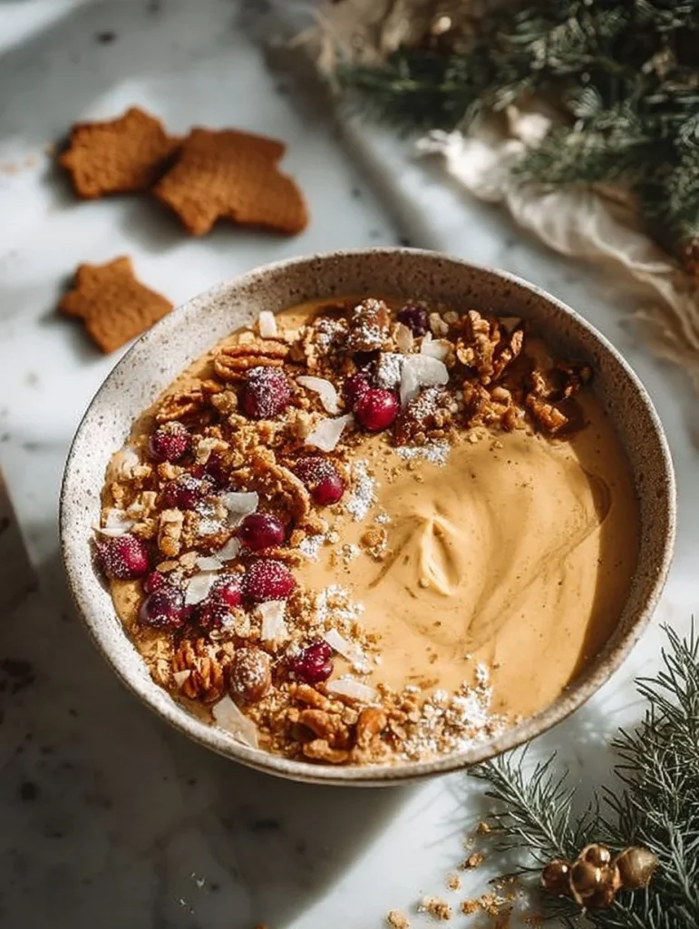 Delicious Gingerbread Smoothie Bowl topped with festive ingredients