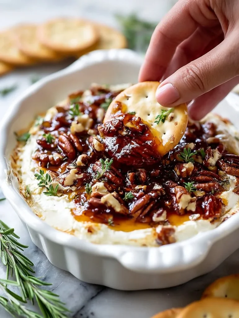 Delicious goat cheese appetizer with fig jam and pecans on a serving platter.