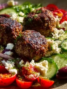 Delicious Greek Meatball Bowl with fresh ingredients and vibrant flavors.