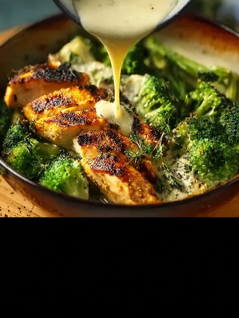 Grilled chicken bowl with broccoli and creamy garlic sauce