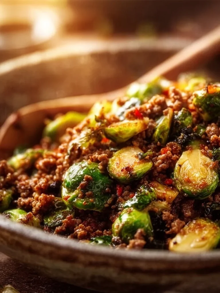 Ground beef and Brussels sprouts dish served in a bowl