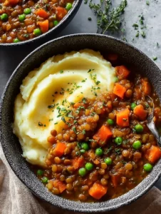 Bowl of hearty lentil stew served with creamy mashed potatoes