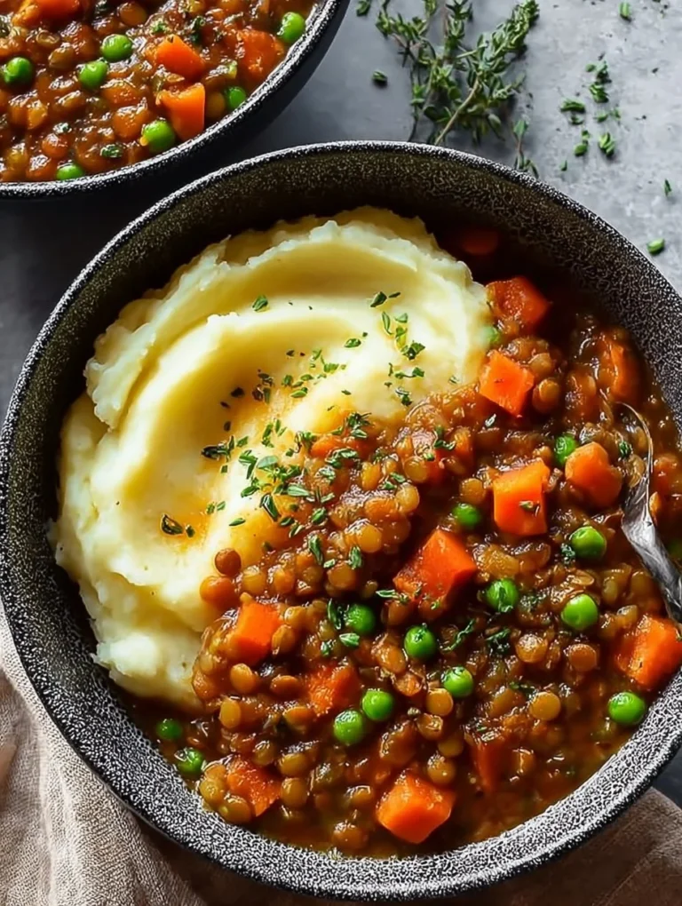 Bowl of hearty lentil stew served with creamy mashed potatoes