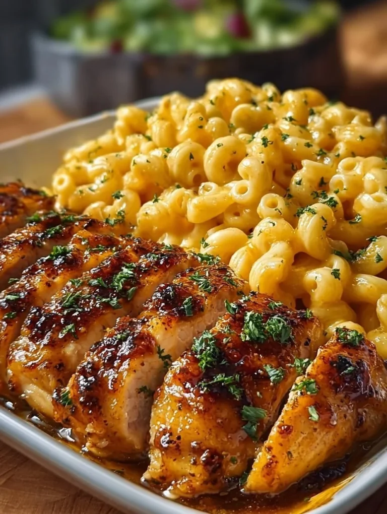 High-Protein Honey Garlic Butter Chicken served with creamy mac and cheese
