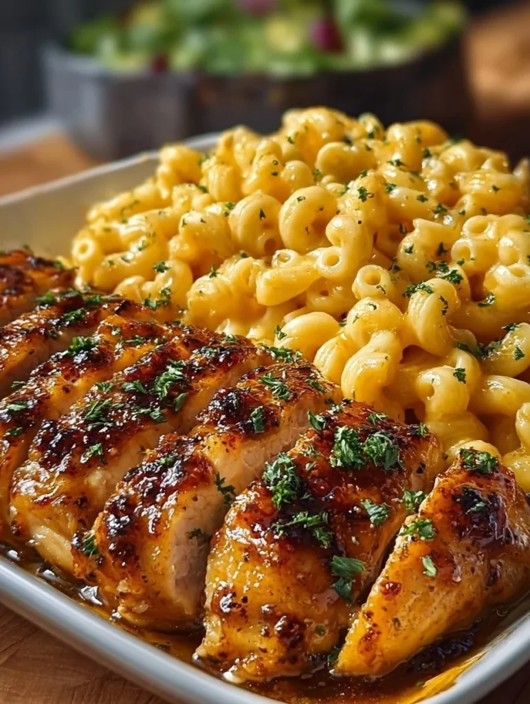High-Protein Honey Garlic Butter Chicken served with creamy mac and cheese