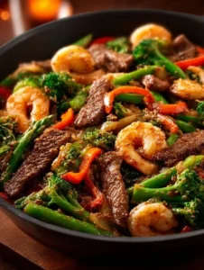 High-protein steak and shrimp stir-fry with colorful vegetables.