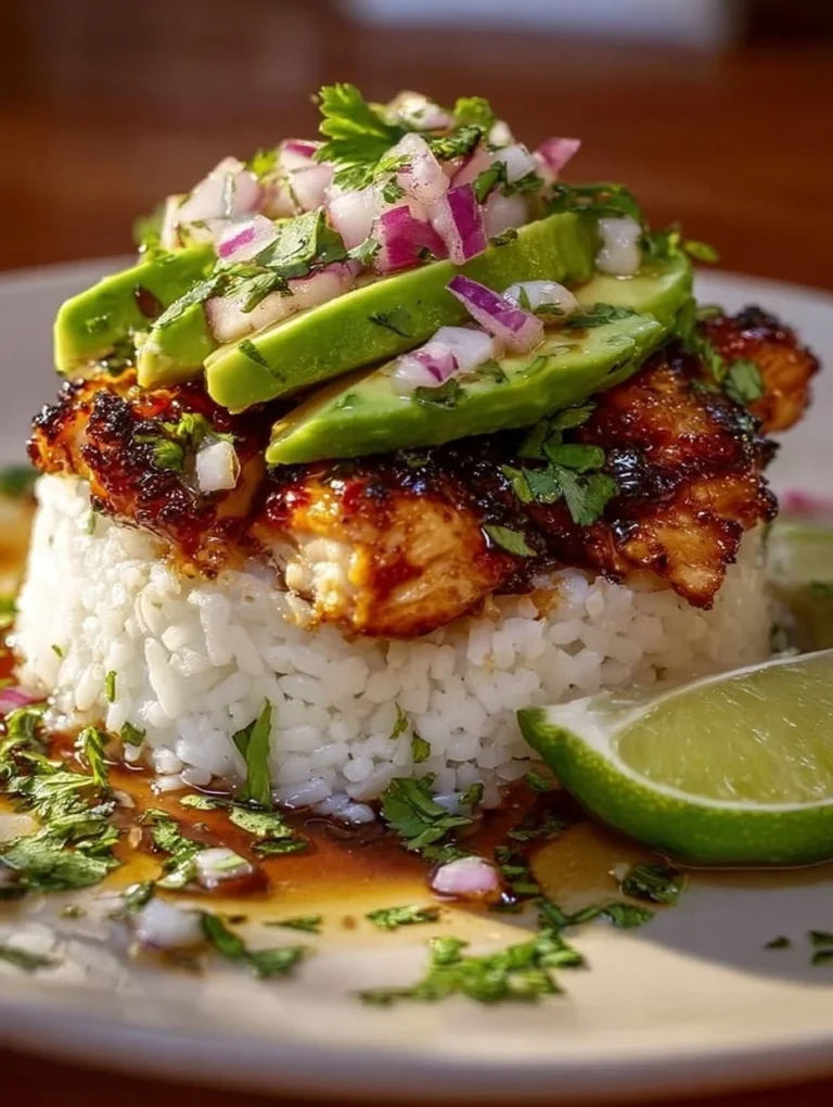 Delicious Honey Lime Chicken served with Avocado Rice Stack