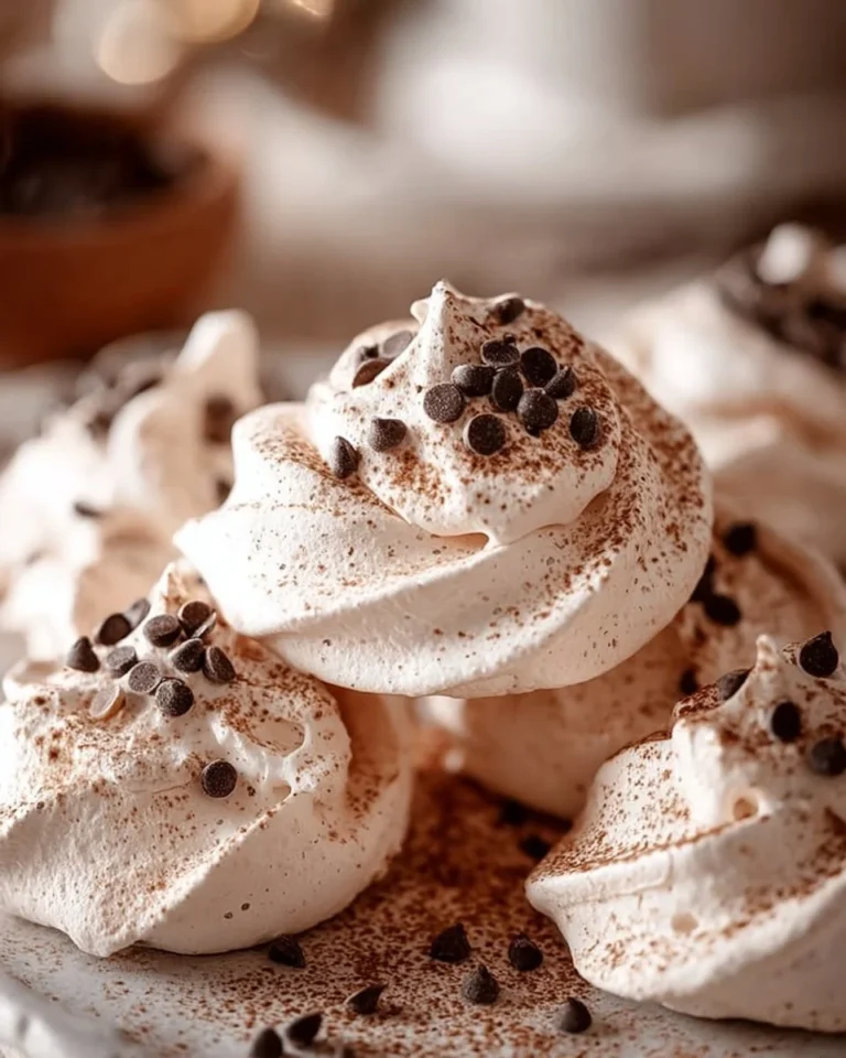 Delicious hot cocoa meringue cookies topped with chocolate shavings