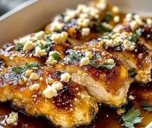 Delicious hot honey feta chicken served with fresh herbs and spices