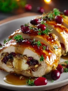 Cranberry Brie Stuffed Chicken plated with a garnish.