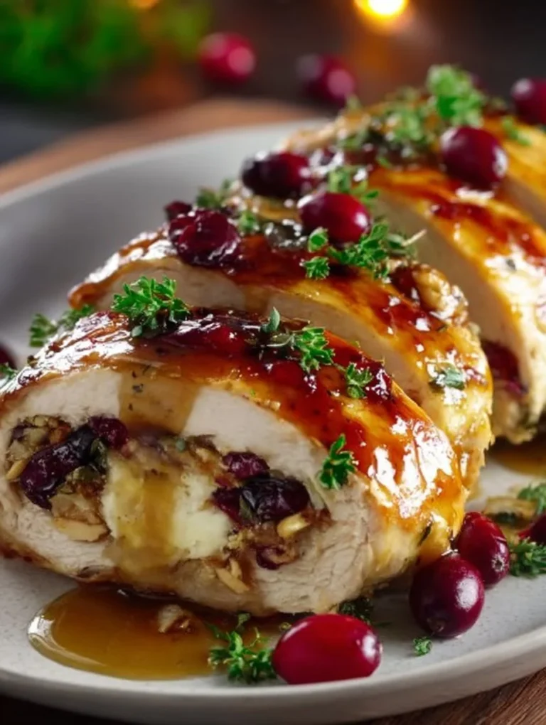 Cranberry Brie Stuffed Chicken plated with a garnish.