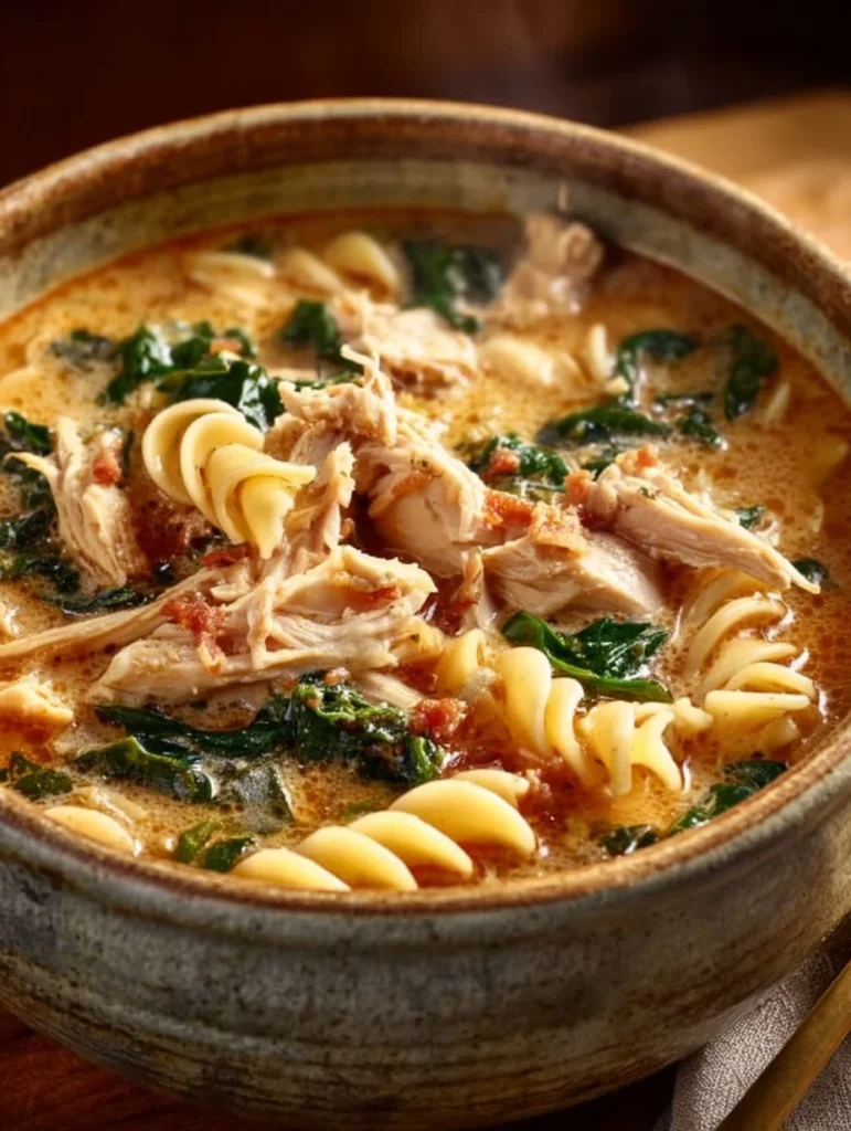 Bowl of irresistible creamy chicken soup garnished with herbs.