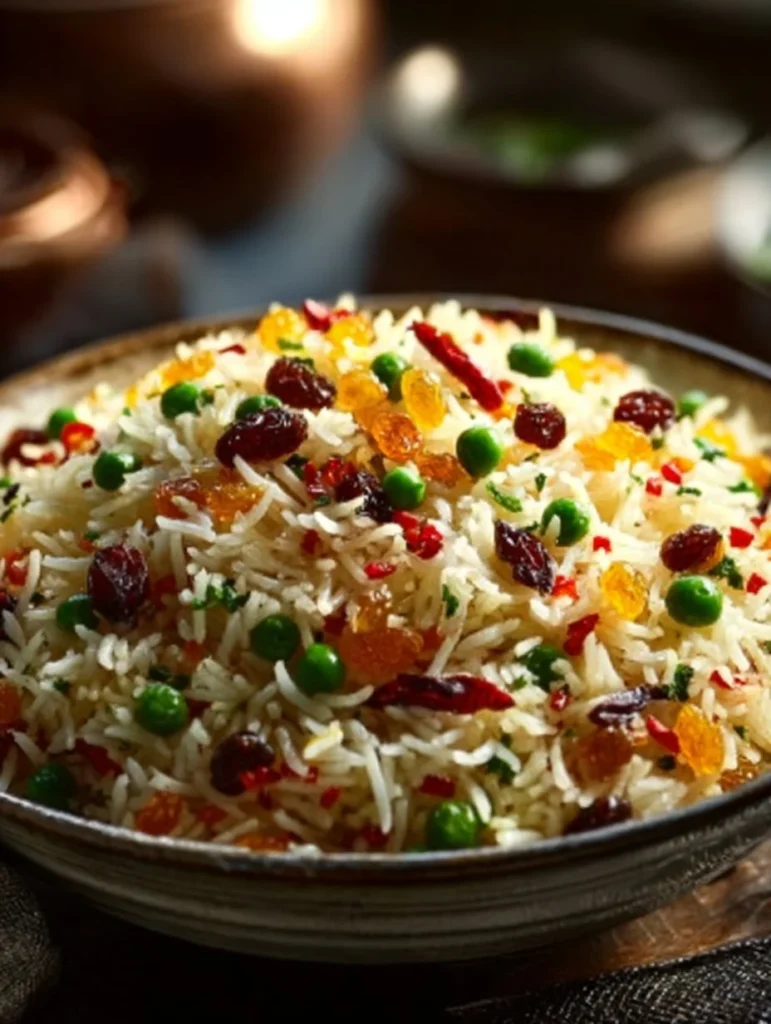 Bowl of colorful Persian jeweled rice garnished with nuts and fruits