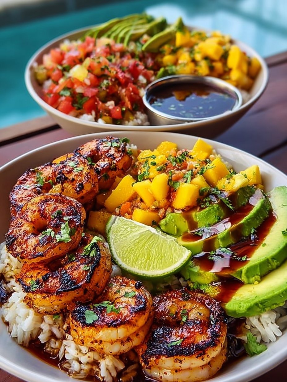 Shrimp and Avocado Bowls with Mango Salsa & Lime-Chili Sauce