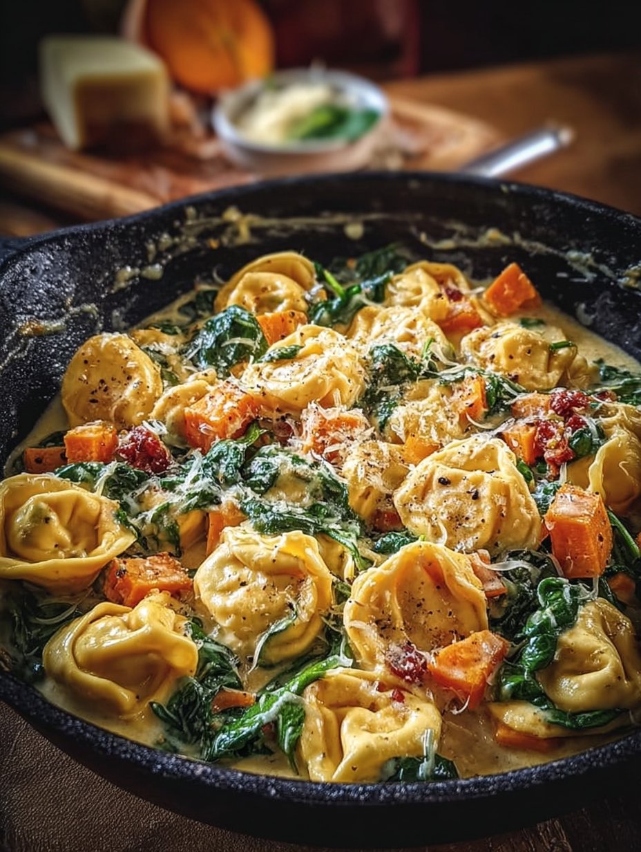 Creamy Skillet Tortellini with Sweet Potato and Spinach