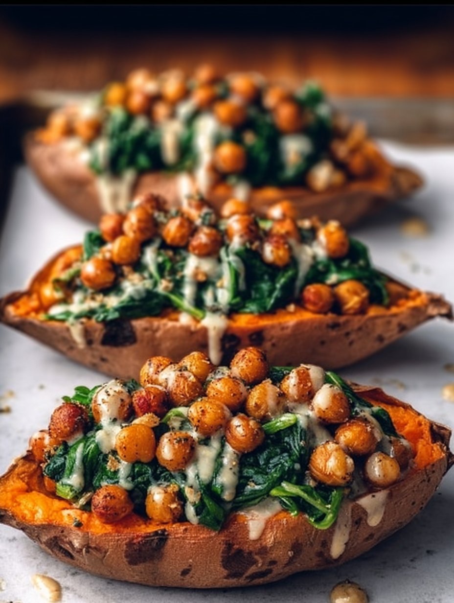 Stuffed Sweet Potatoes with Spinach, Crispy Chickpeas, and Tahini