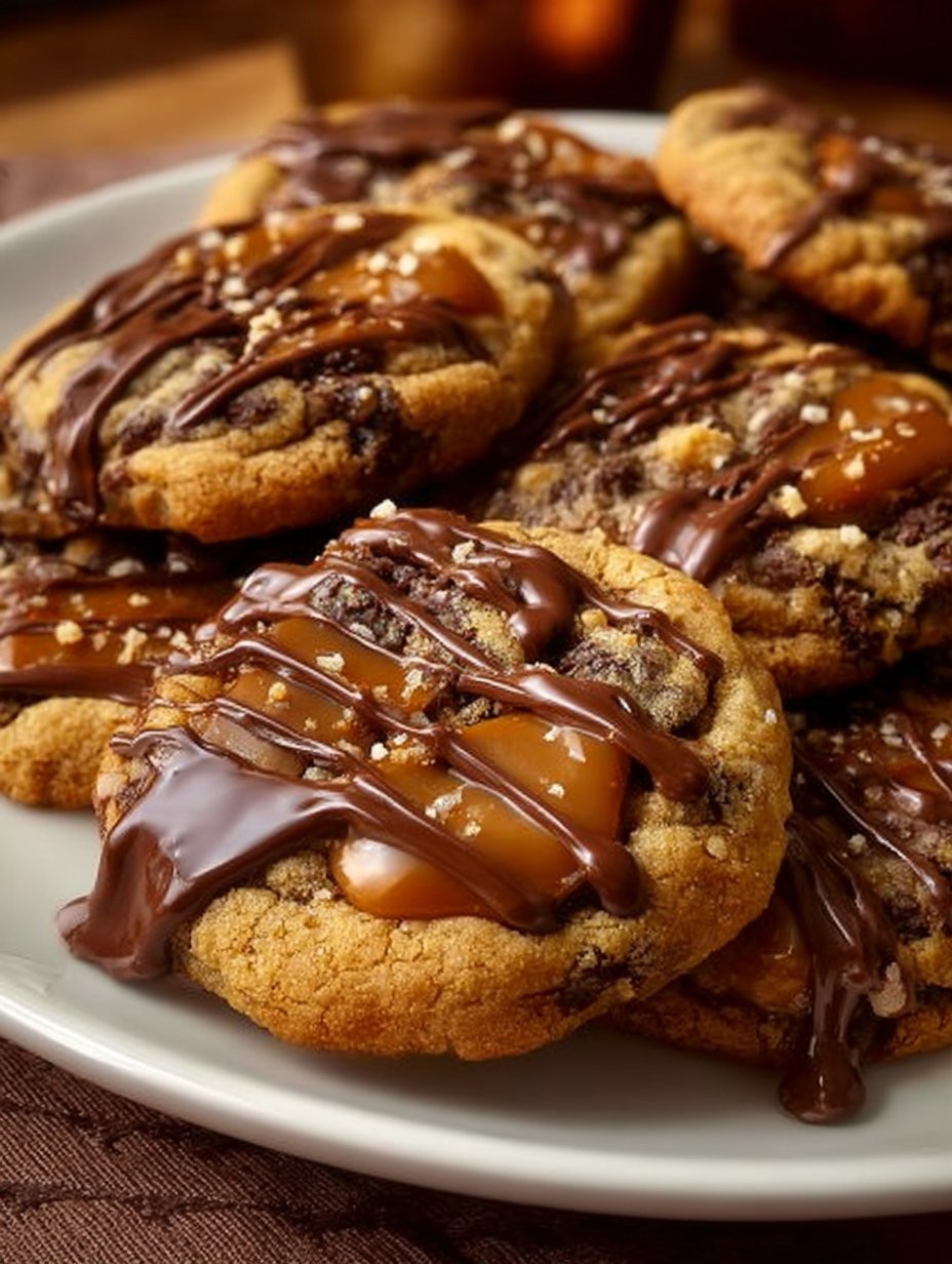 Decadent Chewy Twix-Style Cookies with Crunchy Caramel and Milk Chocolate Drizzle